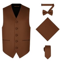 4pc Men's Solid Formal Suit Waistcoat Tuxedo Dress Vest Necktie Large Brown