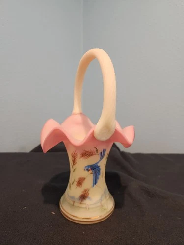 FENTON SIGNED & LIMITED BURMESE GLASS BASKET VASE w BLUE BIRD & SEA OATS