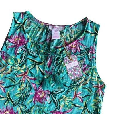 #ad #ad Stella Parker Collection M Aqua Pink Tropical Floral Ruffle Hem Resortwear Dress $35.00