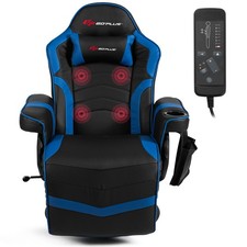 Massage Gaming Recliner Racing Chair Swivel w/ Cup Holder  Pillow Blue