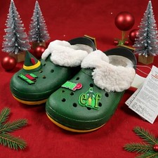 Crocs Kids J1 Elf Clogs Green Yellow Fuzzy Buddy The Christmas Shoes