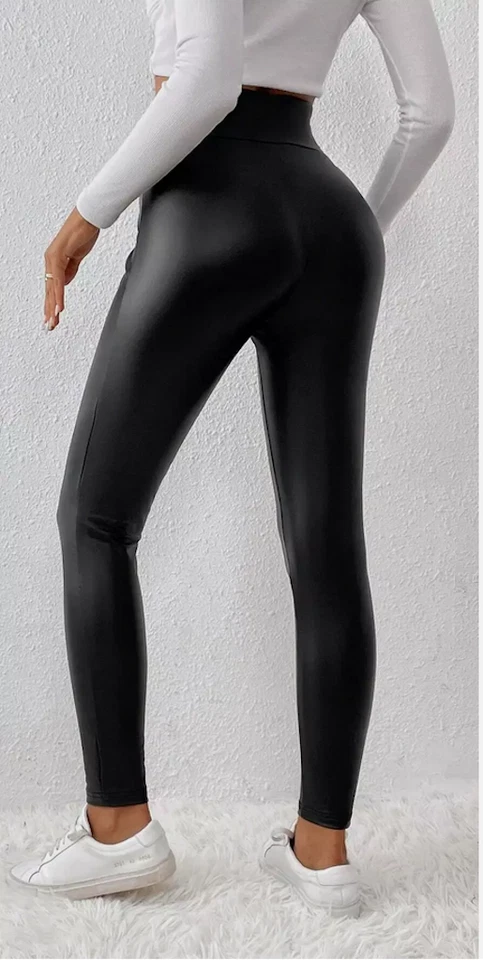 Leder Optik, Stretch Leggings, Asymetrisch, High Waist, Size. S (36) Schwarz - Bild 4 von 4