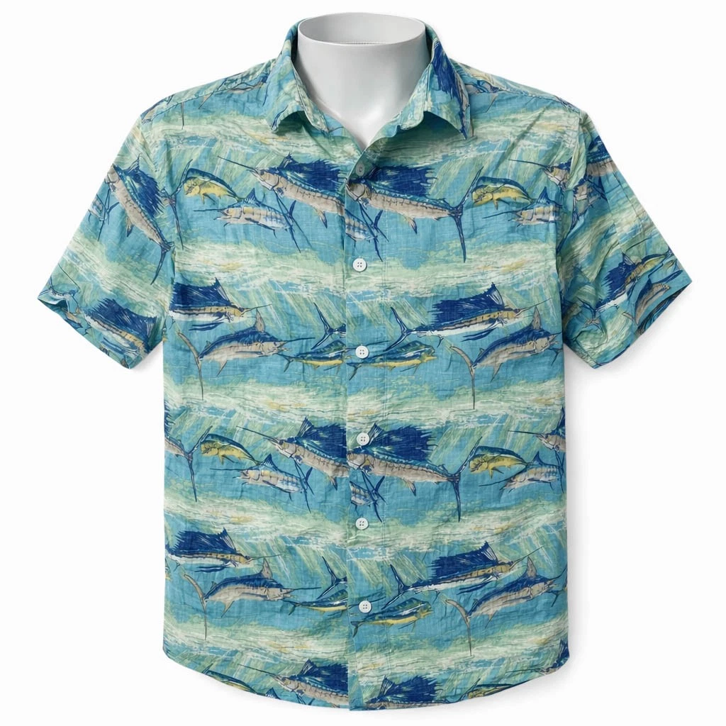 RedHead Hawaiian Aloha Shirt Large Swordfish Reverse Print Pale Blue Green