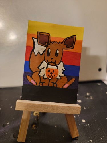 ACEO OOAK Cute Halloween Orange Bucket Eevee Dusky Sky Background Acrylic Paint