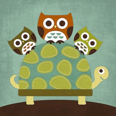 Three Owls On Turtle Art Print by Nancy Lee 12x 12 in. Paper Size New Unframed