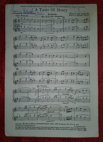 A Taste Of Honey Sheet Music For Clarinet. Ref00074