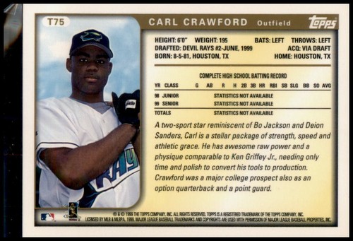 1999 Topps Traded Rookie Carl Crawford #T75 - Picture 2 of 2