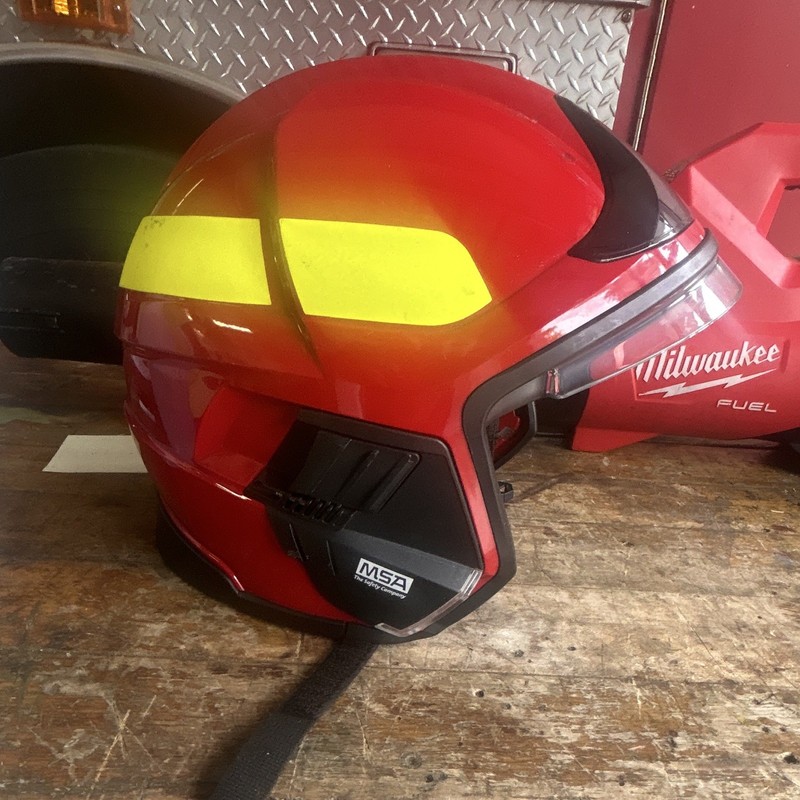 MSA Red Firefighting & Rescue Helmet w/ Visor, Yellow Reflective Stripes (2018)