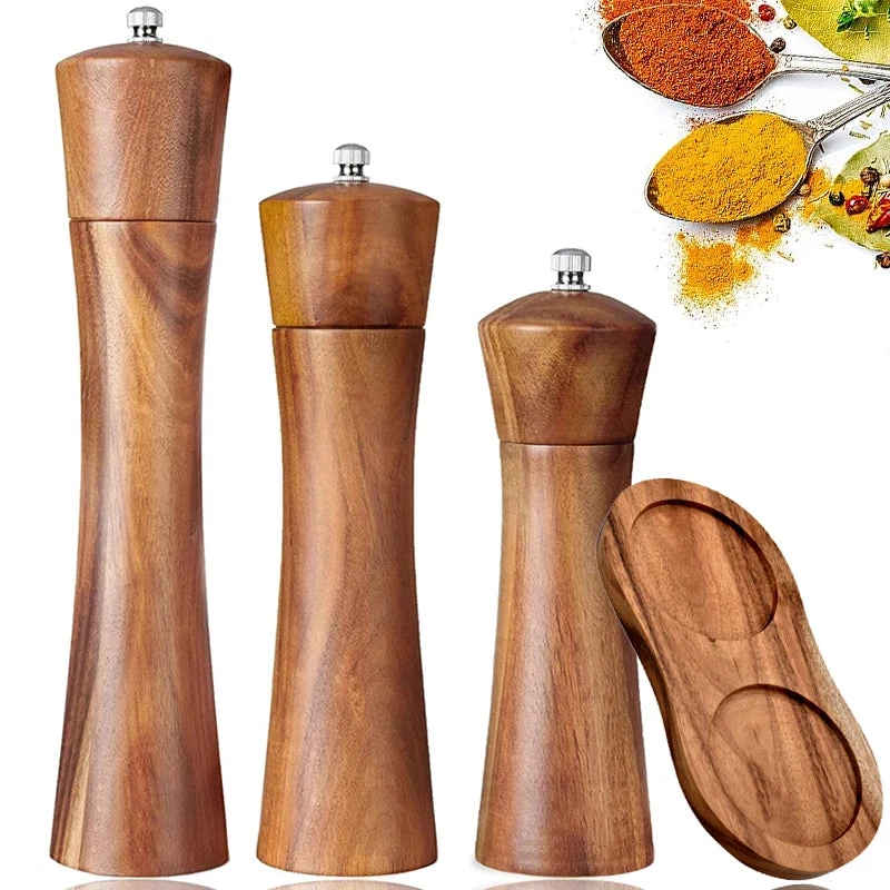 Pepper Salt Grinder Wooden Refillable Mills Set Adjust Set: Acacia Kitchen