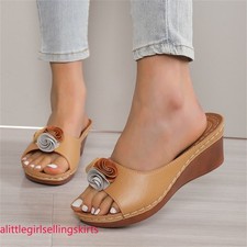 Women's Wedge Sandals Flower Decor Open Toe Slides Summer Casual Dress Shoes