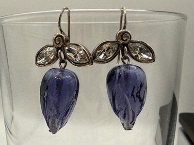 Vintage Signed Extasia Givre Glass Periwinkle Drop Rhinestone Earrings