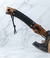 Handmade Viking Axe Carbon Steel with Engraved Ash Wood & free Leather Sheath