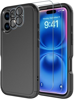 Diverbox Heavy Duty Shockproof Case Tempered Glass Screen Black for iPhone 16