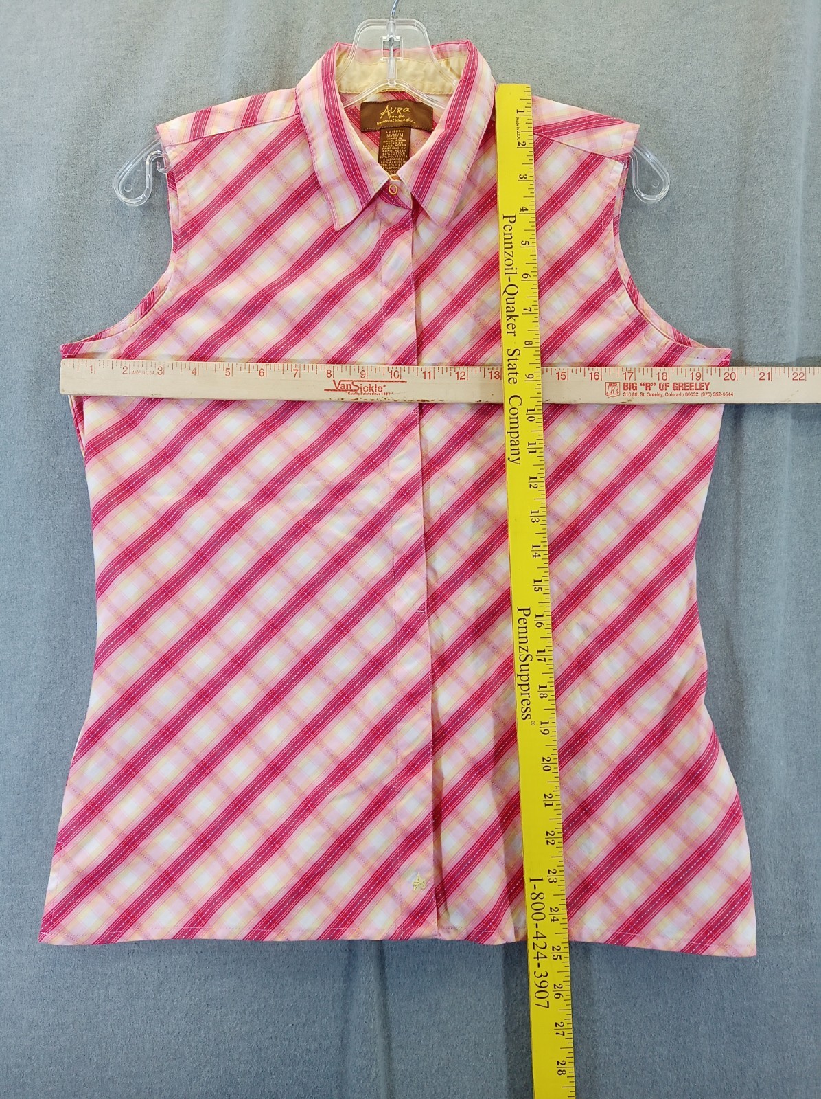 Aura Wrangler shirt Women medium Pink Yellow plaid Snap sleeveless Western image 6