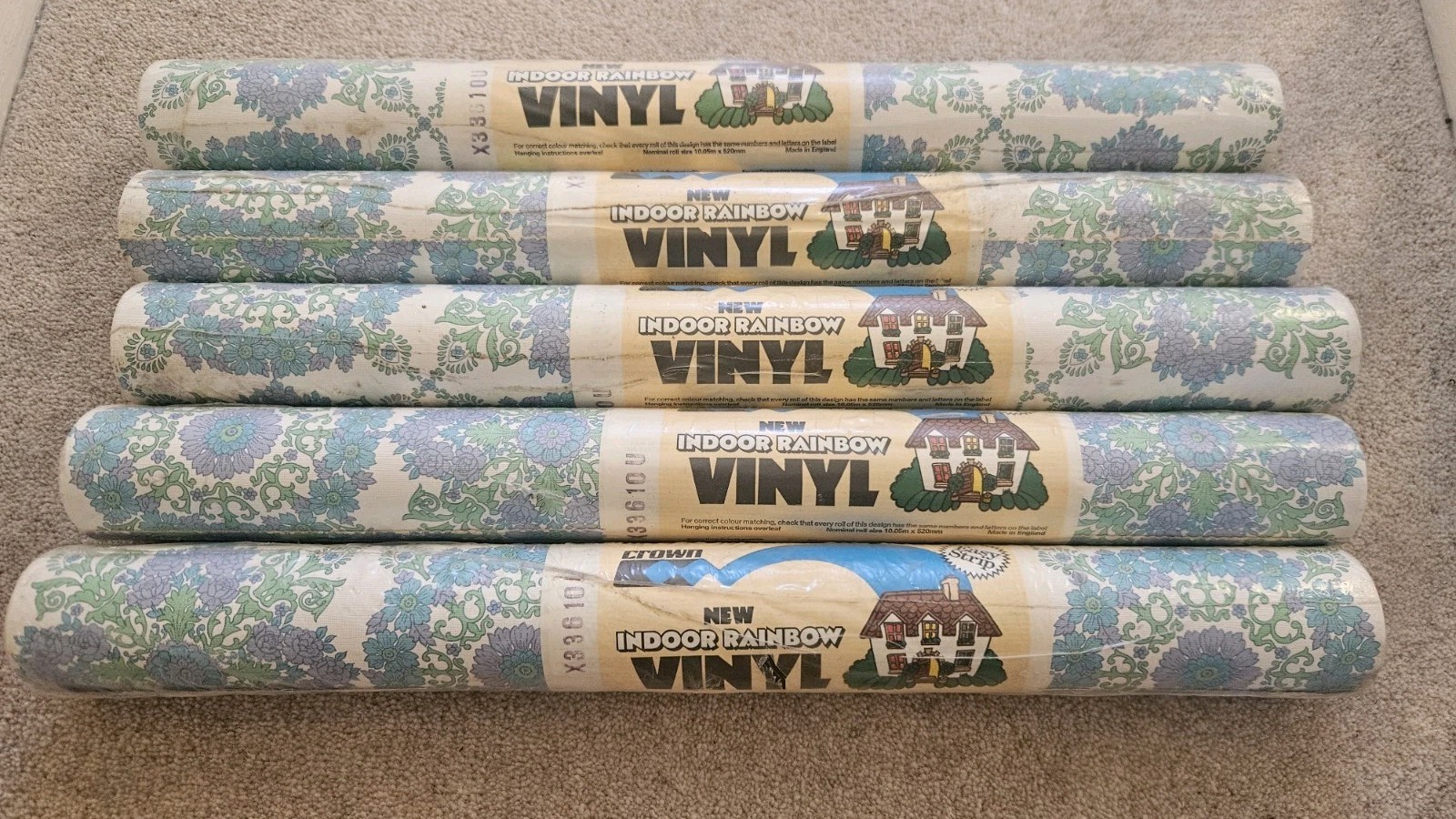 5 Rolls Vintage Crown Indoor Rainbow Vinyl Wallpaper Sealed Fabulous