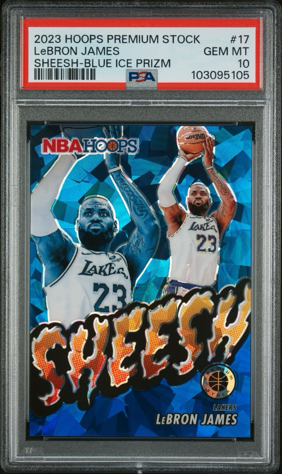 2023-24 NBA Hoops Premium Stock LEBRON JAMES Sheesh #17 Blue Cracked Ice #d/99