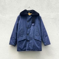 Vintage 70s 80s Mens Navy Blue Sherpa Fur Hooded Insulated Parka Coat Large