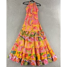 FARM Rio Maxi Dress Womens XL Pink Tropical Banana Toucan Tiered Halter Cotton
