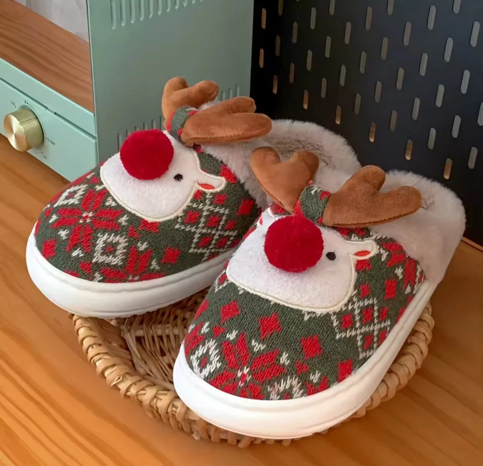 Lindas pantuflas de algodón con dibujos animados para mujer Navidad ciervo antideslizante casa Foto 4 de 4