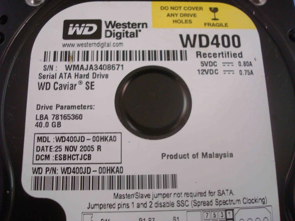 Western Digital  WD Caviar SE WD400  SATA 40GB Hard Drive WD400JD-00HKA0 - Image 2 of 3