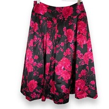 Talbots Floral Skirt Cotton Silk A-Line Black Bright Pink Pleats Size 4 Petite