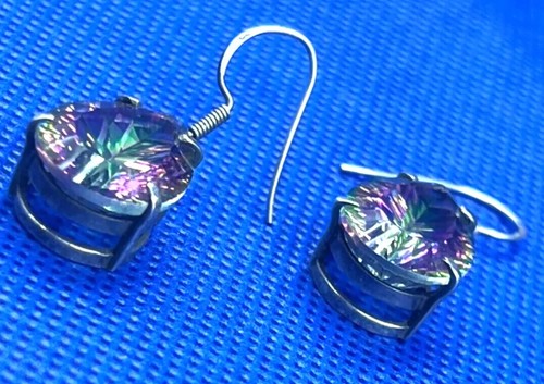 Antique Large Silver 925 & Mystic Rainbow Topaz Earrings - 6.98g - Exquisite!! - Picture 7 of 10