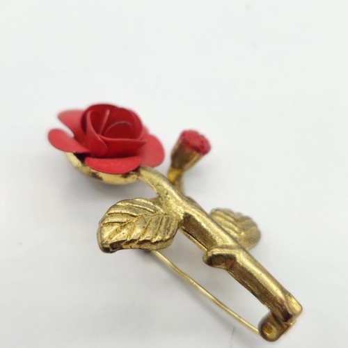 Broche Rojo Esmalte Rosa Vintage Años 70 Flor Pinup Oro Flor San Valentín Amor - Imagen 8 de 12