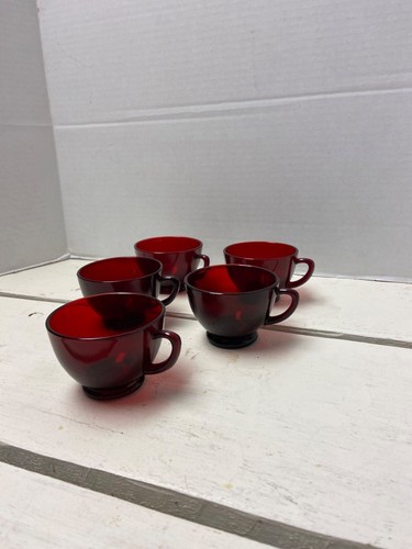 Set Of 5 Vintage Ruby Red Glass Teacups With Handles - Picture 3 of 5