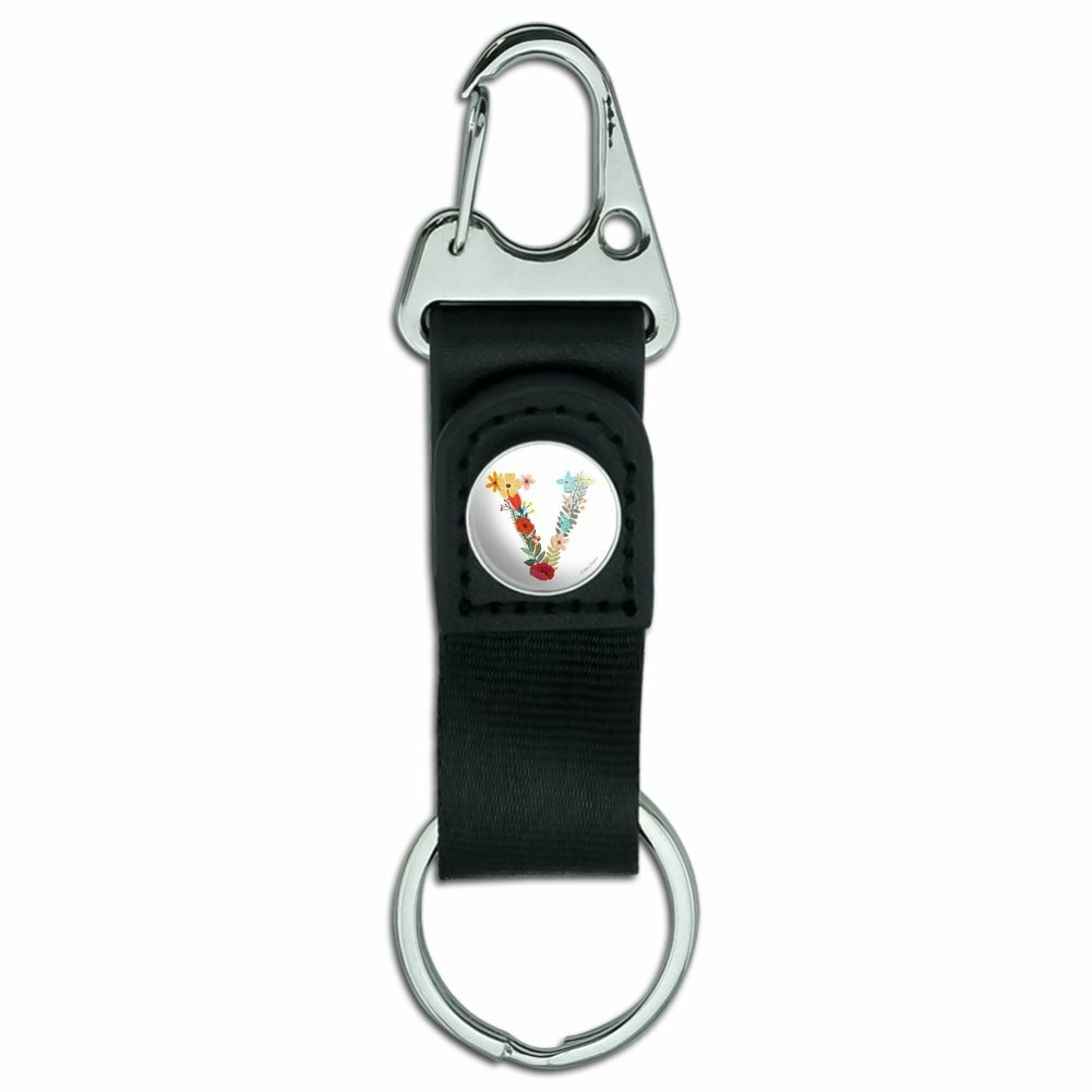 Letter V Floral Monogram Initial Belt Clip Carabiner Leather