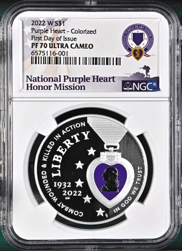 2022 W COLORIZED PURPLE HEART PROOF SILVER DOLLAR = NGC PR70 UC FDOI-RARE - 25k
