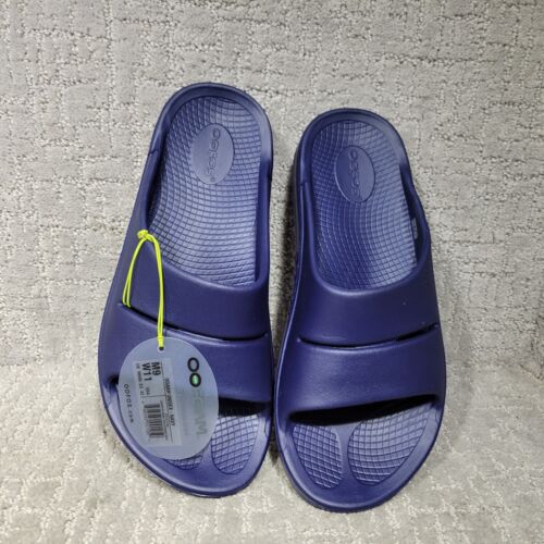 Oofos Ooah Unisex Size M9/W11 Navy Blue Rubber Slide Recovery Comfort Sandals.
