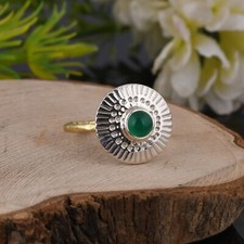 Textured 925 Sterling Silver Dual Tone Ring With Green Onyx Handmade Jewelry