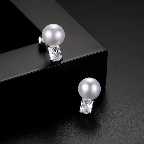 Ohrringe Ohrstecker 3 Fach Rhodiniert 3 Fach Hochglanzpoliert Perle Ohrschmuck - Picture 3 of 5