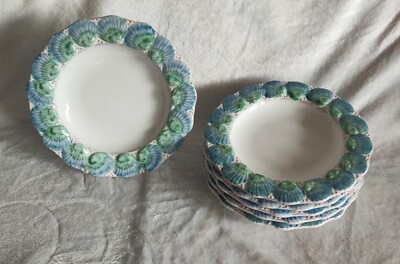 PORTUGAL MAJOLICA Seashell Sea Embossed Scalloped Edge Blue Green Plate Dish