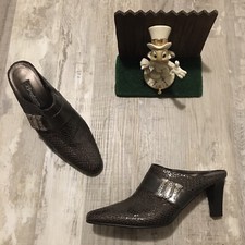 Brighton Rhyme Heeled Mules Size 6.5 M Gray Leather Pointy Toe Metal Clasp