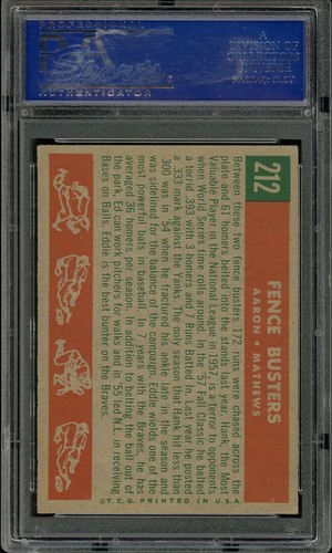1959 Topps Baseball #212 Fence Busters Aaron Mathews PSA 7 - Picture 2 of 2