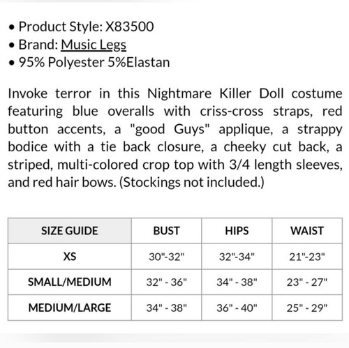 NEW Music Legs Nightmare Killer Doll Chucky Costume Set Size M/L Yandy - Picture 4 of 5