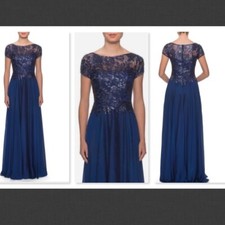 La Femme floral lace  satin gown with cap sleeves  Size 4    B633