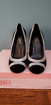 Women's Jennifer Lopez Black and Silver Wedge Heels - Size 8 - JLo