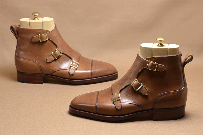 Handmade Men Tan color triple buckle boots, Men ankle high boots, Leather boots 