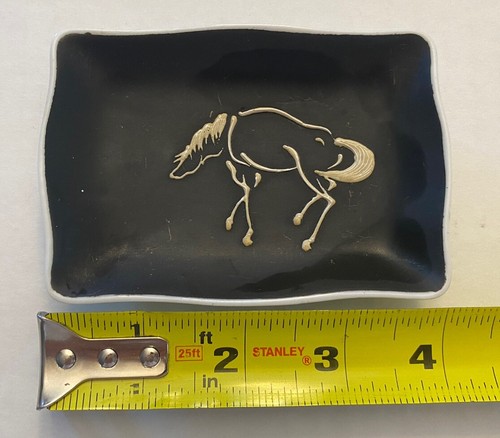 Matte Black White Porcelain Ceramic Horse Trinket Tray 4 Inches By 2.75 Inches - Picture 3 of 5