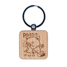 Cute Sick Cat Blowing Nose Engraved Wood Square Keychain Tag Charm