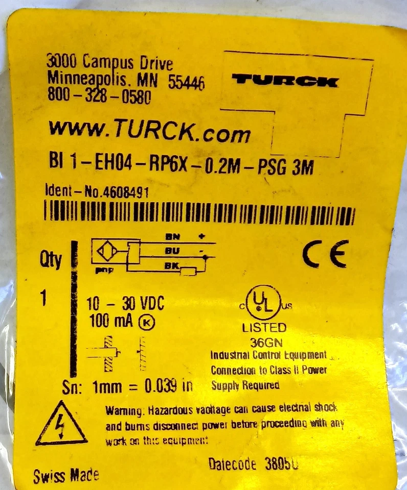 Turck BI 1-EH04-RP6X-0.2M-PSG 3M Stainless Steel Inductive Proximity Sensor - Image 2 of 3