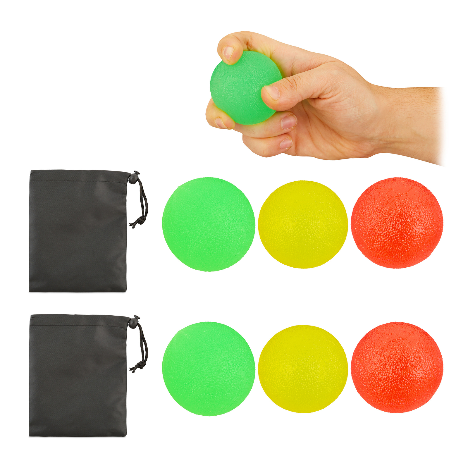 Pelota antiestrés, Pack de 6, Ejercitador dedos, Fortalecedor de Mano, Con bolsa