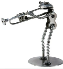 Frog Trumpet Hand Crafted Recycled Metal Rock Band Art Sculpture Figurine