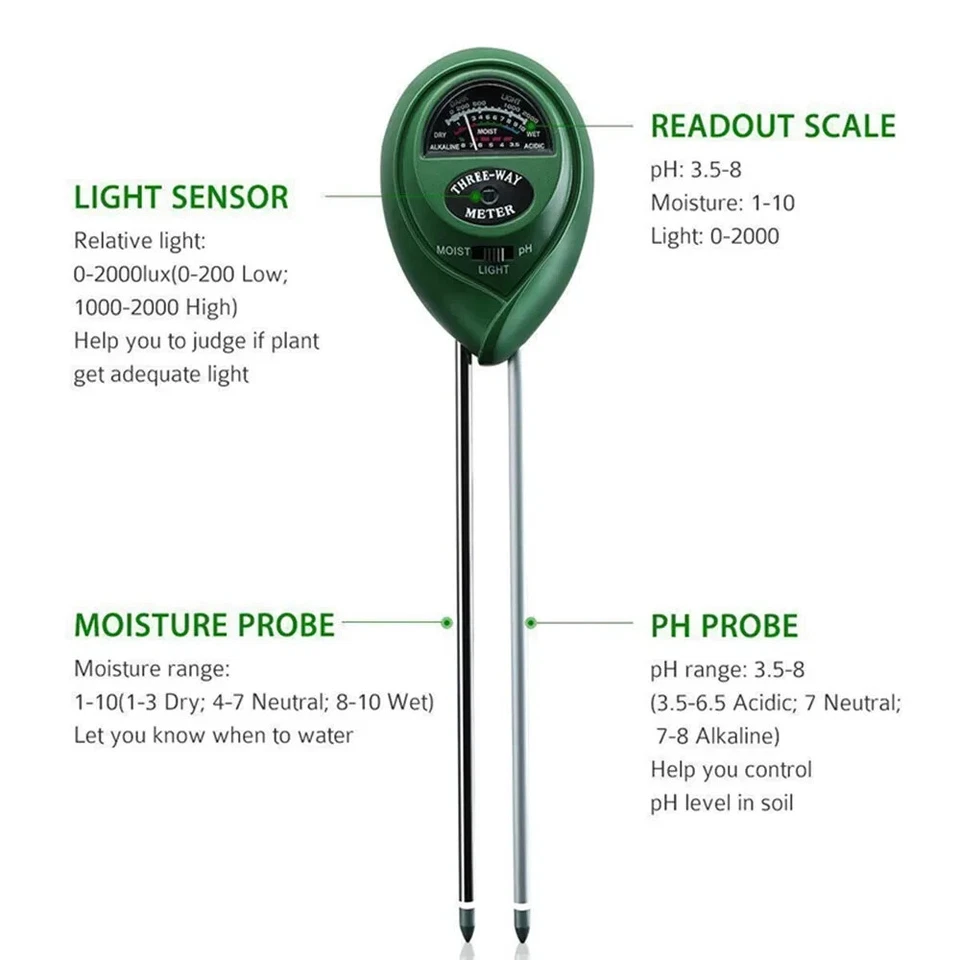3-in-1 Soil pH Water Moisture Light Tester Meter For Garden Seeding Plants Grow - Image 2 of 4