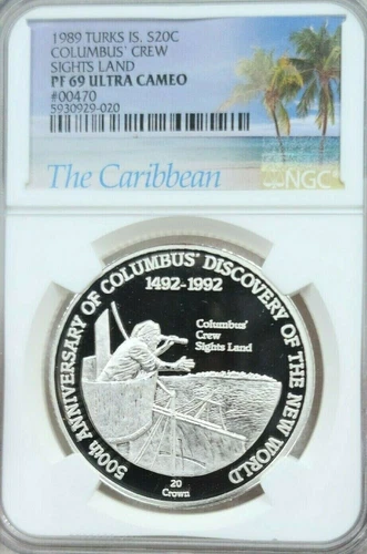 1989 TURKS & CAICOS SILVER 20 CROWNS CREW SIGHTS LAND NGC PF 69 ULTRA CAMEO TOP
