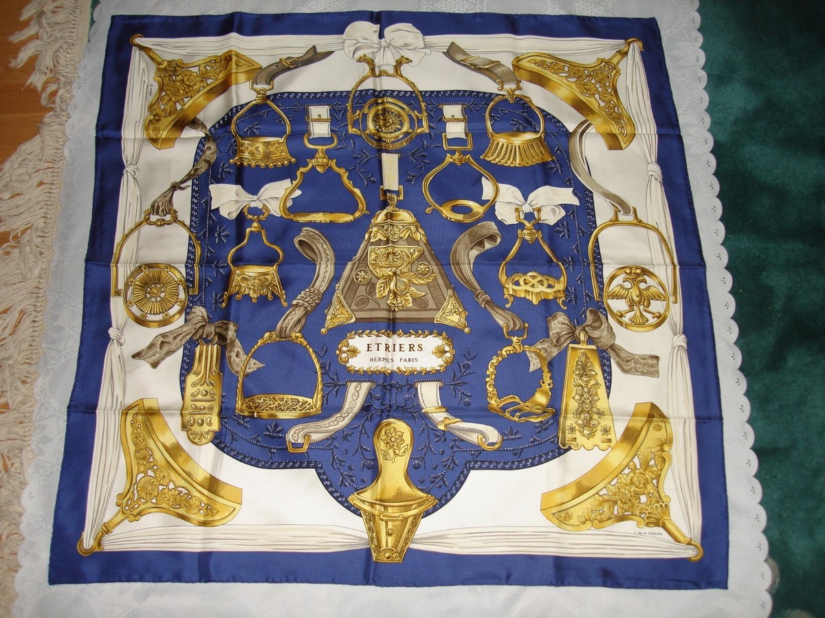Vtg Navy Blue Gold Multi F De La Perriere Etries Hermes Paris Silk