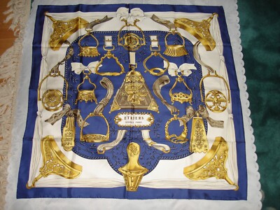 Vtg Navy Blue Gold Multi F De La Perriere Etries Hermes Paris Silk