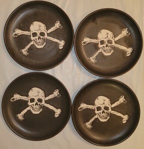 Set of 4 Threshold Stoneware 6” Halloween Black Appetizer Plate Skull Crossbones